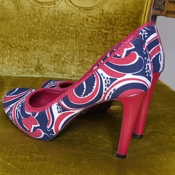 TORY BURCH Red and Navy Canvas 4" Heels Size 9 - Picture 5 of 10